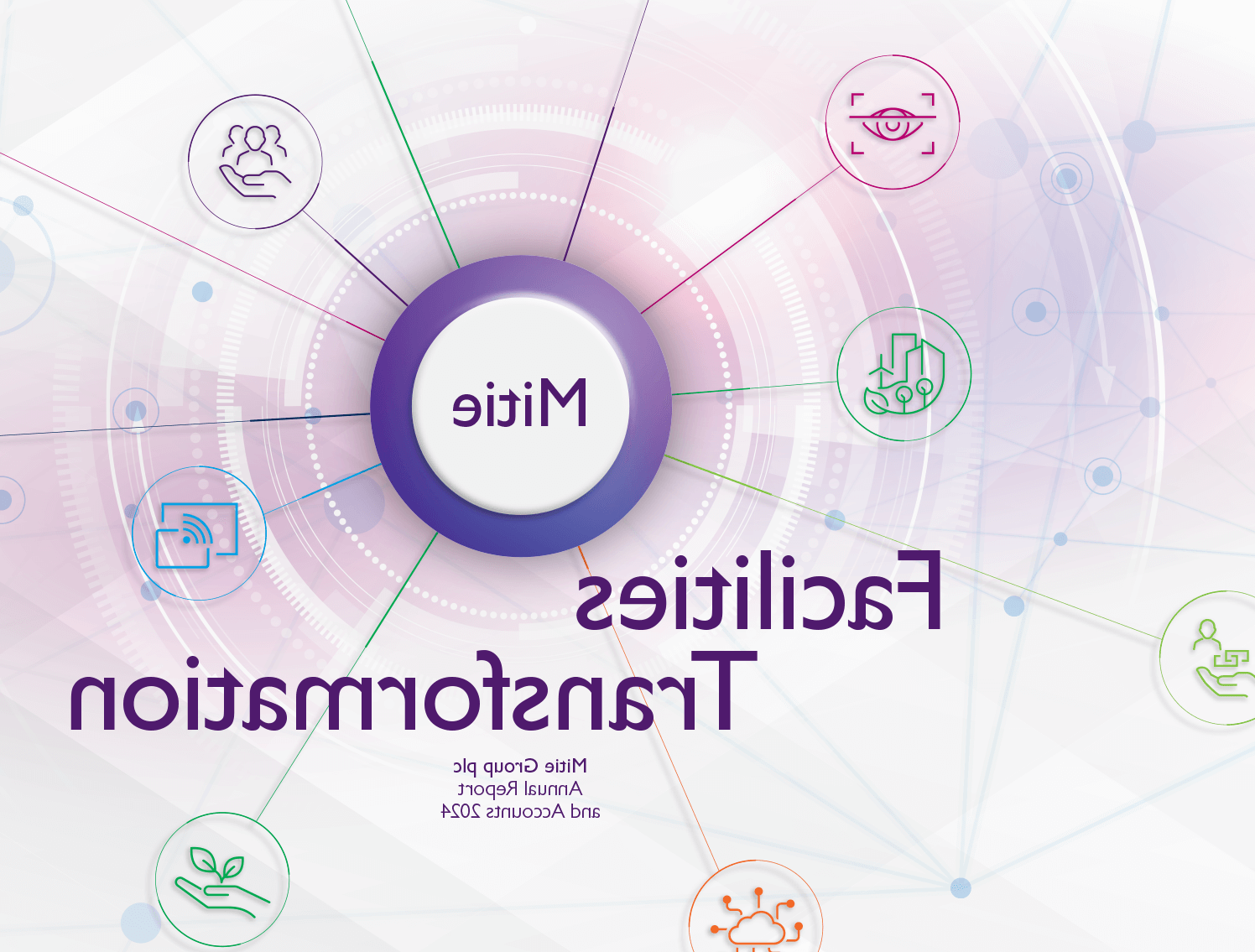 Banner image for Mitie Annual Report 2024 - purple illustration of a mind map. 'Mitie' and 'Facilities Transformation' in purple text